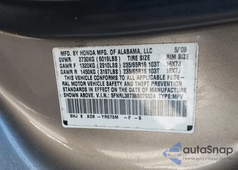 2008 Honda Odyssey Ex-L z USA, uszkodzony, nr VIN 5FNRL38738B079324